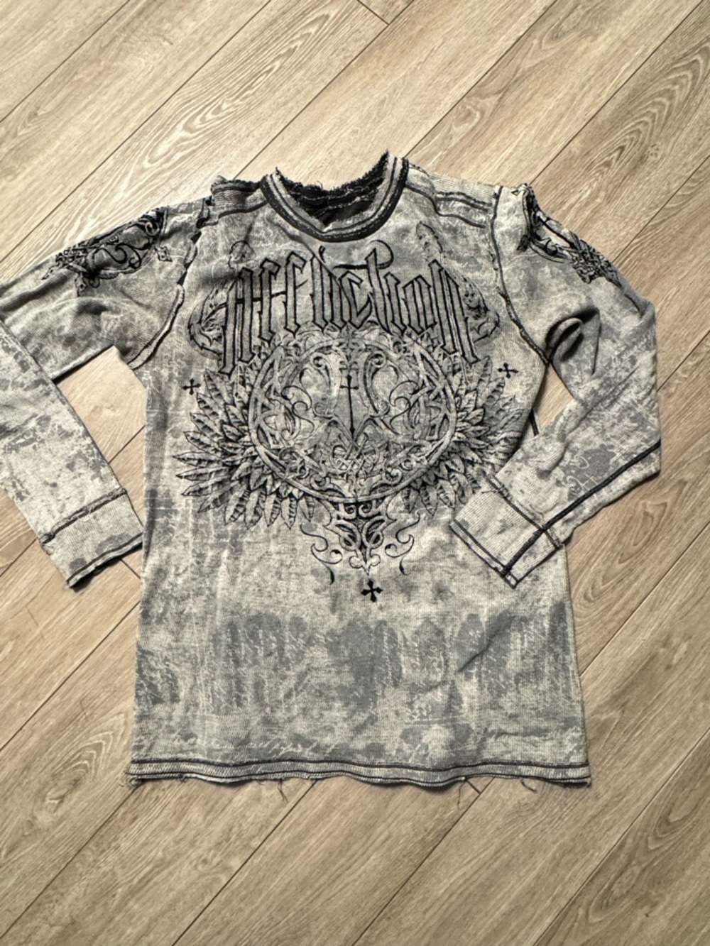 Affliction Black and Grey Washed Graphic Long Sleeve Tee reversiblr